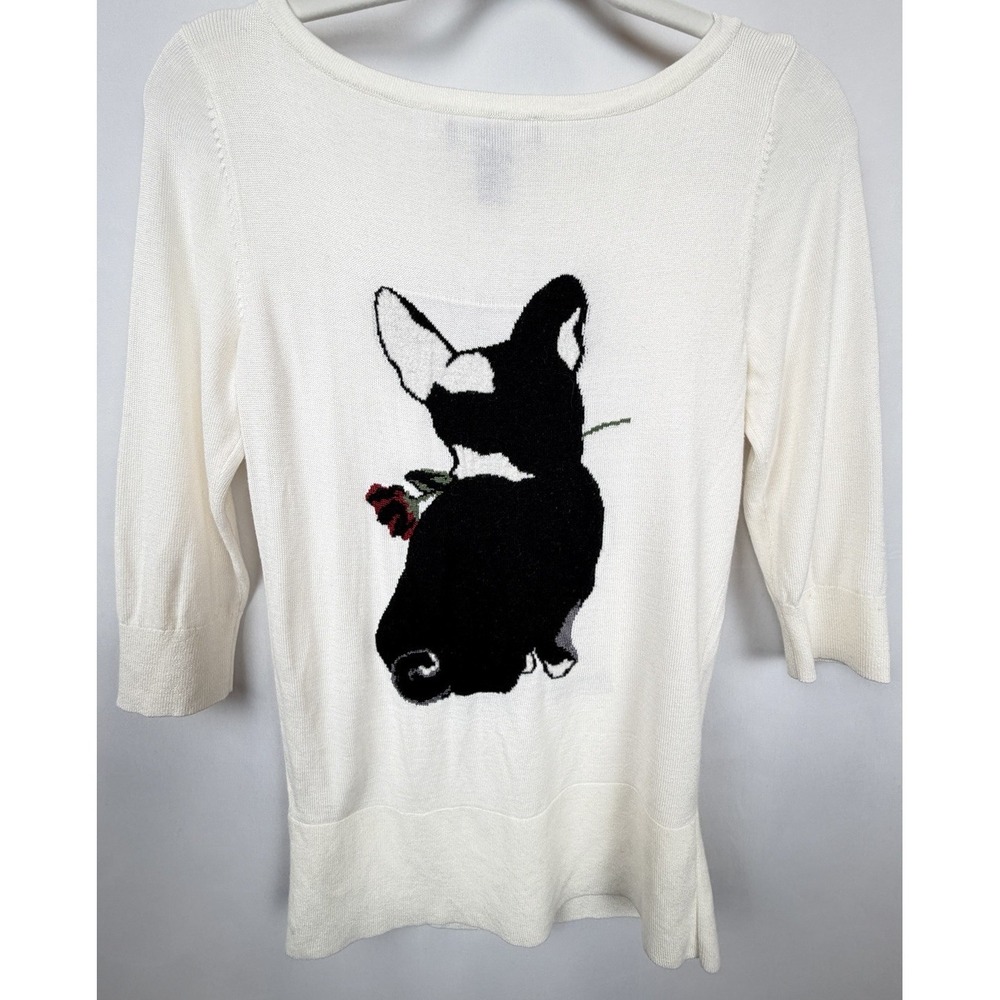 White House Black Market Dog Sweater XS Frenchie or Boston Terrier Rose Knit Top - Picture 2 of 5